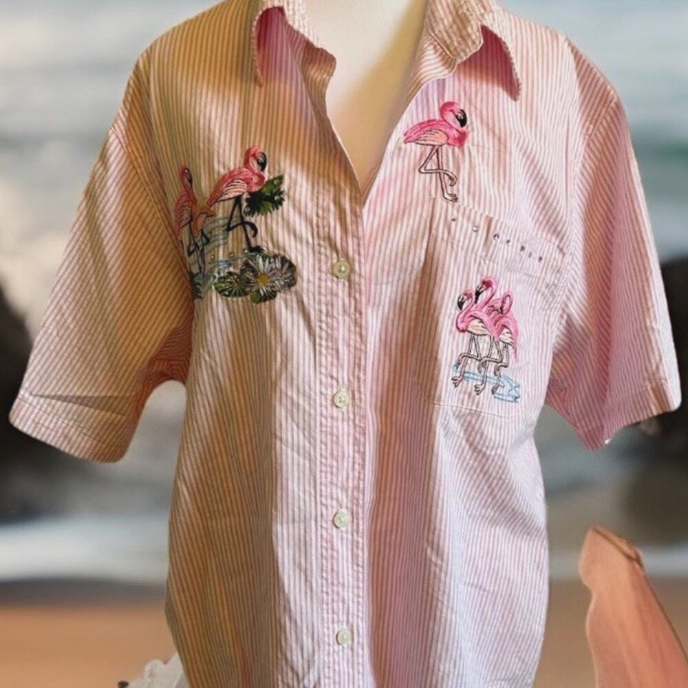 VTG QUIZZ pink strips flamingo embroidered shirt womens L button down beach